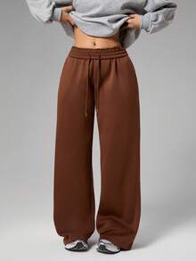 Dewbera 休闲百搭棕色阔腿宽松版型腰部抽绳设计运动裤 - 咖啡棕 - 查看 1