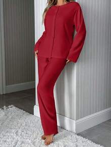 EURMUSE Minimalist Button Front Loungewear Pajama Set – Soft Two Pieces Long Sleeve Top & Wide Leg Pants In Red - Red - View 4