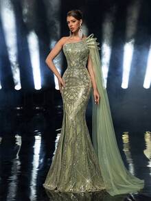 Glamrae Elegant Luxurious Beaded & Sequin Floral Asymmetric Shoulder Sexy Slit Mermaid Maxi Dress With Oversized Sleeves, Suitable For Weddings, Events, Parties, Vacations, Galas, Formal Occasions (Heavily Embellished) Gown - Grass Green - View 8