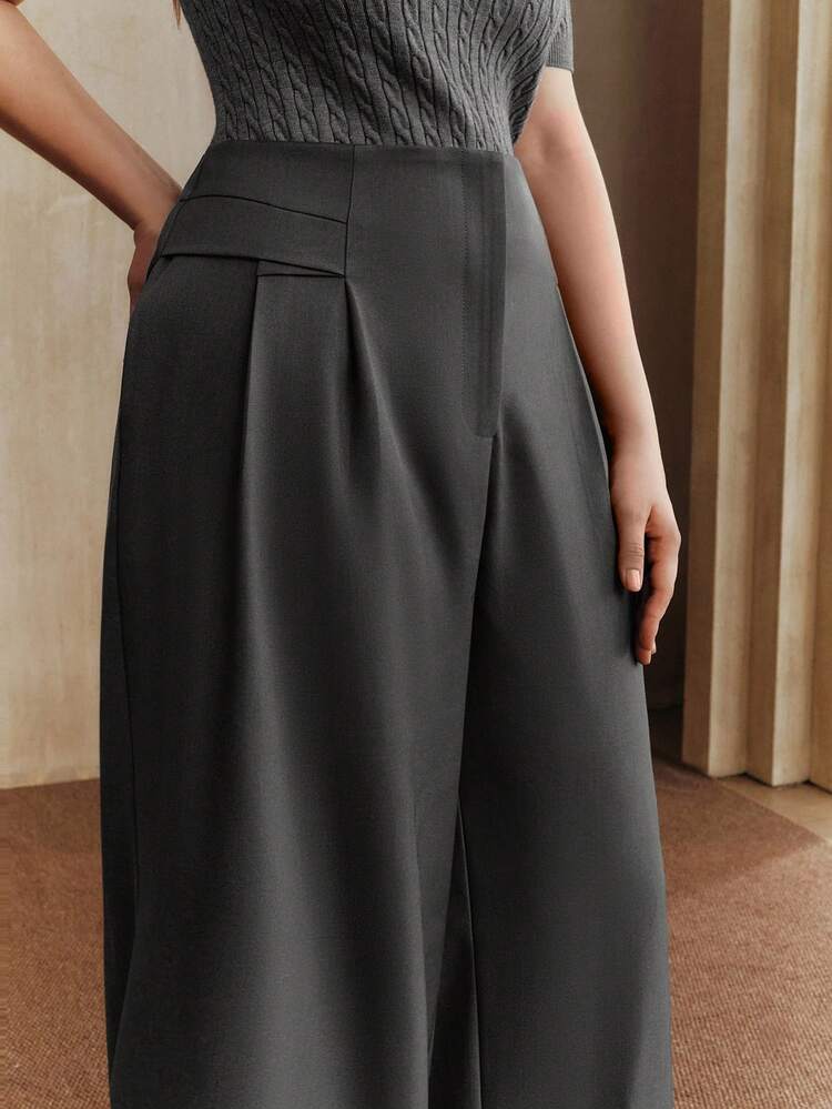 Plus Size Women's Business Casual Gray Straight Leg Pants With Waist Design, Suitable For Fall, Winter, Summer, Spring, New Year, Party, Wedding, Elegant, Chic, Stylish, Business Casual