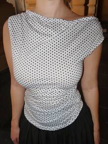 Turnttoni Women Polka Dot Asymmetric Ruched Tight Fitting Waisted Top With Slanted Shoulder Sleeve, Elegant Casual Versatile Summer Wear, Suitable For Petite - Black and White - View 5