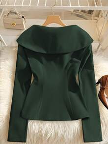 Lyxana Elegant Women's Overcoat With Decorative Floral Metal Buttons And Large Collar - Dark Green - View 2