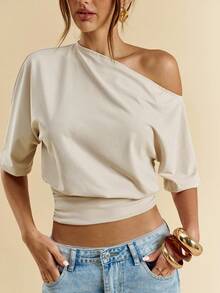 SHEIN BAE 休闲黑色不对称领口百搭 T 恤，适合日常穿着、约会、下午茶、与朋友聚会、百搭场合、夏季 - 杏色 - 查看 5