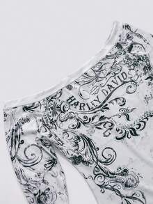 Glimmora Women's Y2K Punk Romantic Vine Print Off-The-Shoulder Fitted T-Shirt, Holiday Gift, Fashion , Grunge, Gothic, Sister Gift, Family Gift, Halloween - Multicolor - View 4