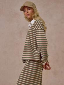 MUSERA 超大条纹领长袖上衣，秋季清凉街头风，休闲日常百搭，春夏假日必备。 - 彩色 - 查看 3