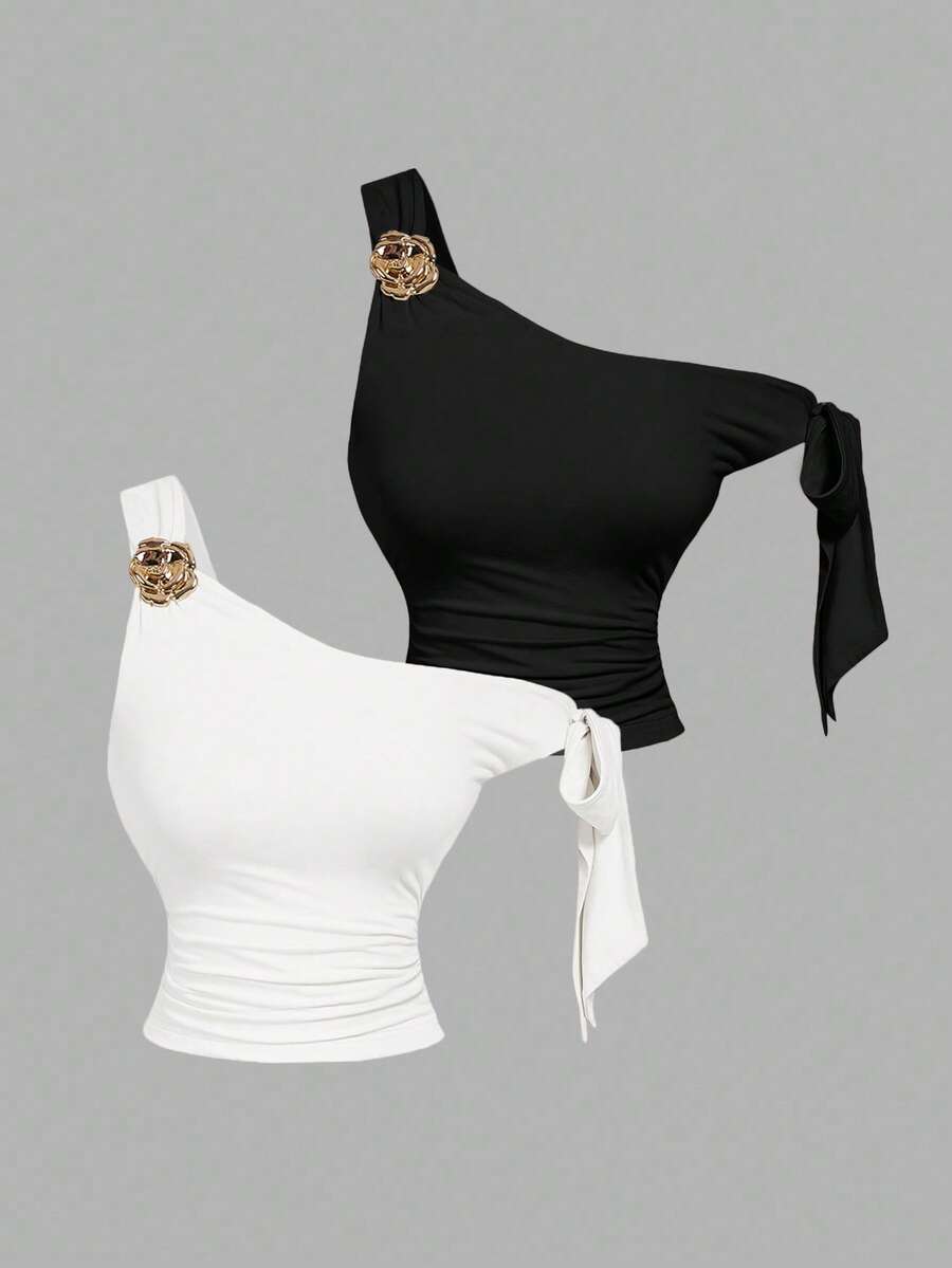 SHEIN MOD 2pcs Asymmetric Butterfly Metal 3D Flower Decor Women Blouse