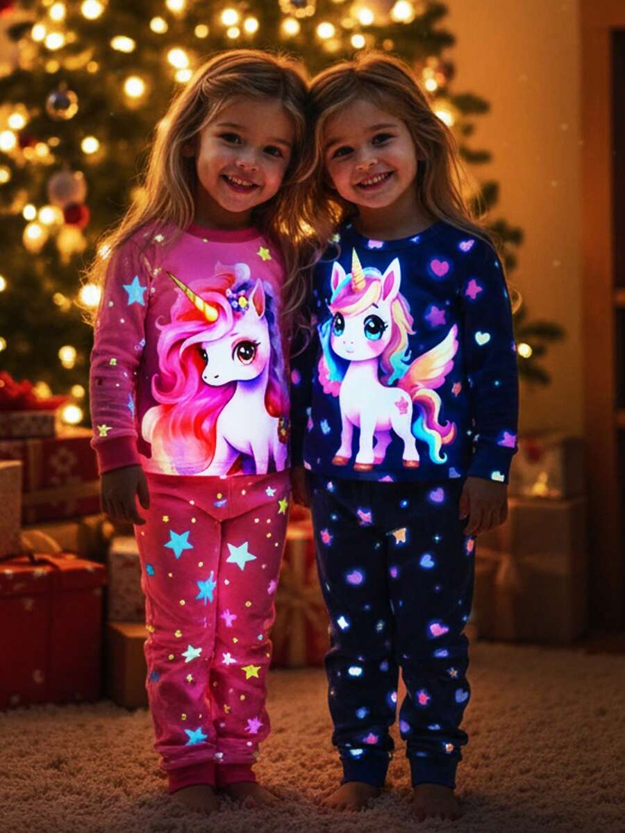 SHEIN 女婴可爱卡通图案针织长袖连体衣家居服套装 - 粉色 - 查看 1