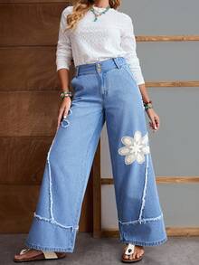EMERY ROSE 女士花卉贴袋毛边宽松休闲牛仔裤 - 藍色 - 查看 9
