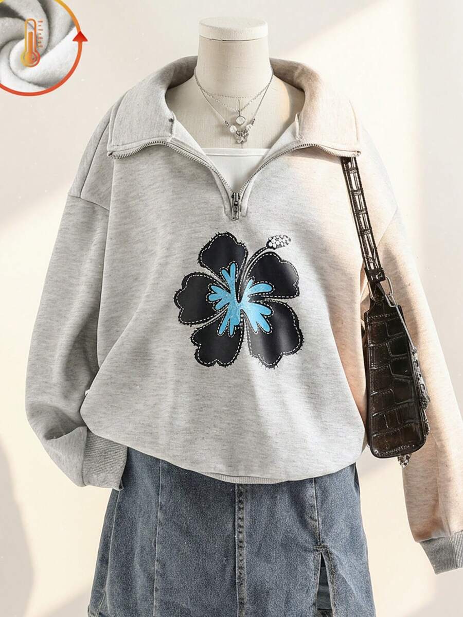 Sweetra Young Tween Girl Floral Print Drop Shoulder Long Sleeve Zip-Up Casual Fleece Sweatshirt, Autumn/Winter - Grey - View 1
