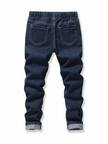 SHEIN 男童弹力腰带抽绳百搭简约舒适修身浅灰色牛仔裤，男童牛仔裤，深蓝色男童牛仔裤，男童弹力腰带牛仔裤 - 深色水洗藍 - 查看 2