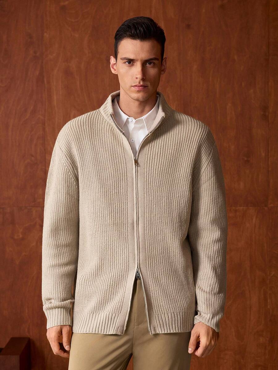 Officeau 男士宽松纯色拉链休闲百搭长袖针织毛衣外套，Old Money - 駝色 - 查看 1