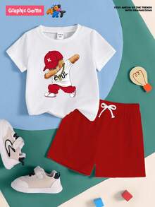 GraphicGems 2 件套幼儿男童酷熊图案圆领短袖白色 T 恤和红色短裤休闲装