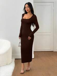 SHEIN PETITE 女士秋冬基础款针织灰色修身方领长袖连衣裙 - 棕色 - 查看 5
