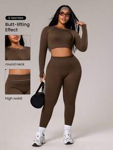 Rhythm Era Ensemble Top à manches longues sans couture et leggings taille haute pour femmes grande taille - Vert olive - Voir 1