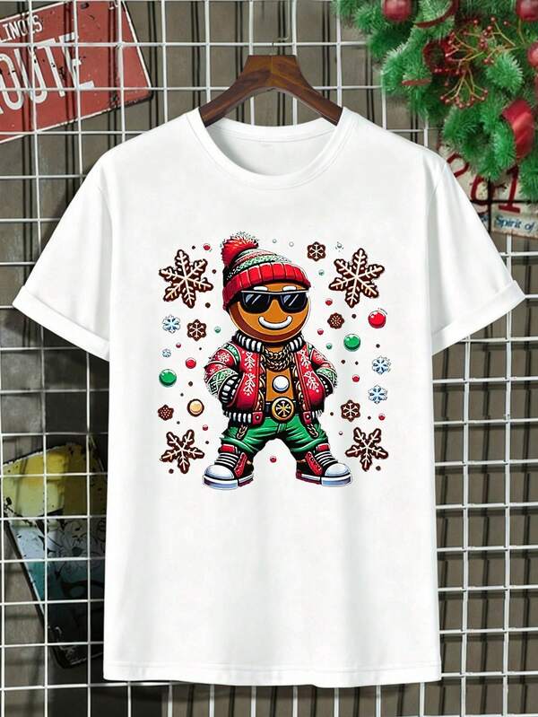 Manfinity Dauomo T-shirt casual da uomo a maniche corte con scollo rotondo e stampa a omino di pan di zenzero