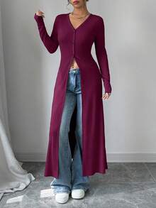 Rafferiza 女士休闲修身长袖单排扣衬衫裙 - 酒紅色 - 查看 3