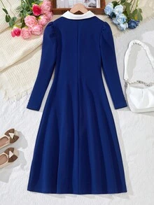 Đầm dự tiệc đính nơ đính đá cổ màu thanh lịch cho bé gái tuổi mới lớn - Màu xanh hải quân - Xem 2