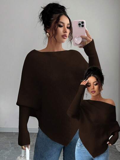 Elenzga Women's Irregular Batwing Sleeve Crew Neck Casual Elegant Knit Sweater Top, Versatile For Vacation & Holidays, Spring/Autumn/Winter