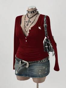 Sunspun V-Neck Button Front Embroidered Horse Logo Long Sleeve Slim Fit Waist Cinched Top, Versatile & Minimalist Design For Plus Size, Suitable For Commuting - Burgundy - View 7