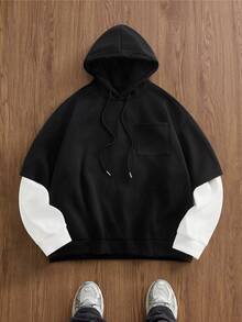 EASEVO Casual Patchwork Contrast Color Loose Hoodie Sweatshirt For Plus Size Men, Long Sleeve Top - Black - View 1