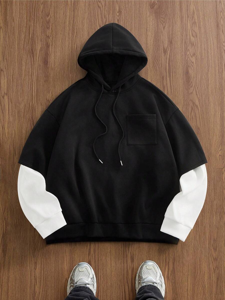 EASEVO Casual Patchwork Contrast Color Loose Hoodie Sweatshirt For Plus Size Men, Long Sleeve Top - Black - View 1