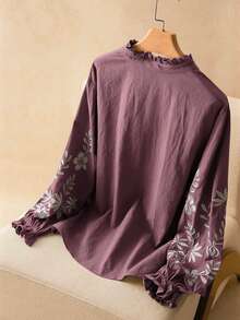 Elaquor Plus Size Women Floral Embroidery Frill Trim Button-Up Casual Shirt - Dusty Purple - View 2