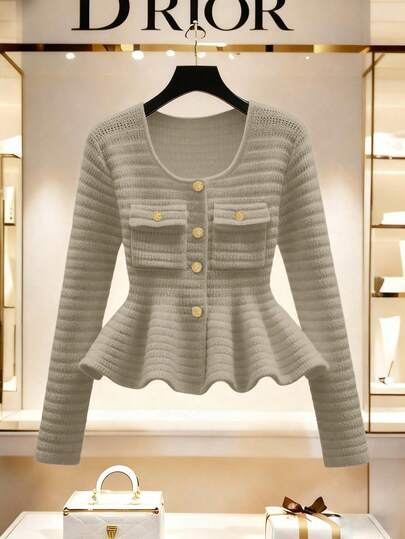 Franclia 法国早春新款优雅方领荷叶边下摆针织开衫（女款）