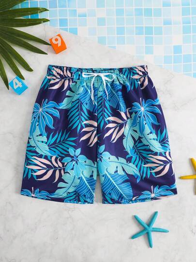 SHEIN 青少年男童泳裤，植物印花，梭织面料沙滩短裤，度假旅行