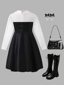 Tween GirlsBlack & White Fitted Niche Elegant School Style V-Neck Dress Black And White Outfits Kpop Outfit Teen Girls Church Outfit Funeral Outfit For Tween Girls - Black and White - View 2