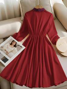 GlowEve Women's Embroidered Collar Cinched Waist A-Line Dress, Elegant & Sophisticated For Daily Commute, Business, Romantic Dates, Parties, Christmas, Autumn/Winter Long Sleeve - Red - View 2