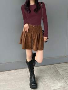 FRIFUL 女款純色圓領長袖休閒保暖內裡T恤校園風 - 酒紅色 - 查看 3