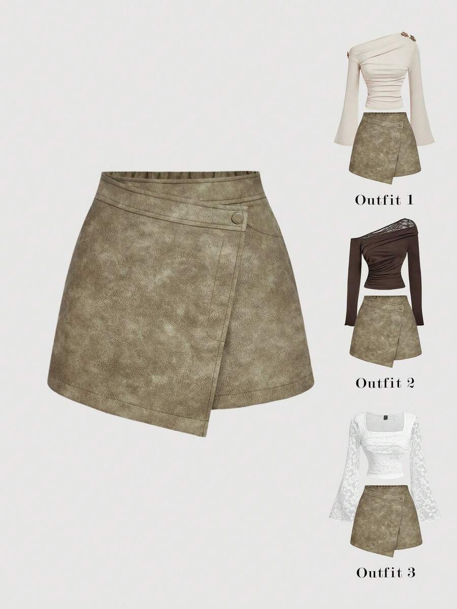 SHEIN MOD Pantalones cortos envolventes vintage desgastados para mujer, para otoño/invierno, otoño para mujer, Navidad, Año Nuevo, Acción de Gracias para mujer, colección retro y con estilo, casual, estilo casual de calle, mujer de vacaciones, falda pantalón de cuero - Caqui - Ver 1