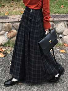 FRIFUL Váy xòe kẻ caro xếp ly eo trang trí túi cho nữ, váy dài rộng rãi, thường ngày đa năng cho mùa thu/đông - màu đen - Xem 6