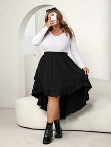 SHEIN CURVE+ 大码女式黑色荷叶边半身裙，复古黑色多层半身裙/2026/新年 - 黑色 - 查看 5