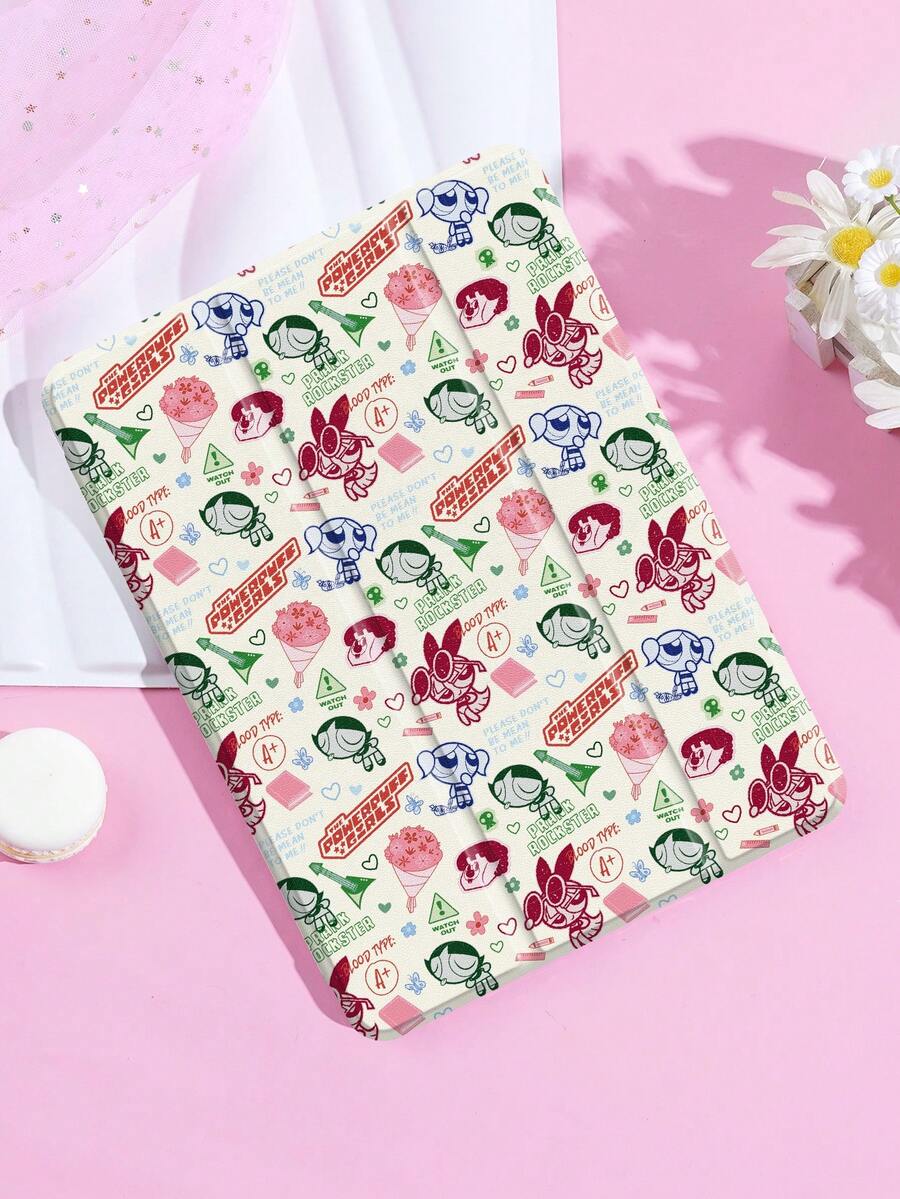 THE POWERPUFF GIRLS X SHEIN 1 st. sött och kreativt tecknat blom-, bubblor- och smörblomsmönster, stötsäkert och trendigt fodral, Halloween- och julklapp, kompatibelt med Samsung Galaxy Tab och iPad - Multifärgad - Visa 1