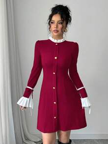 Elenzga Váy trang trí nơ tay áo tương phản đen trắng - Màu Đỏ Sâu - Xem 6