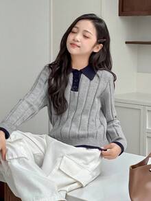 Dazy Kids 少女休闲撞色滚边毛衣，秋冬季 - 藏蓝色 - 查看 7