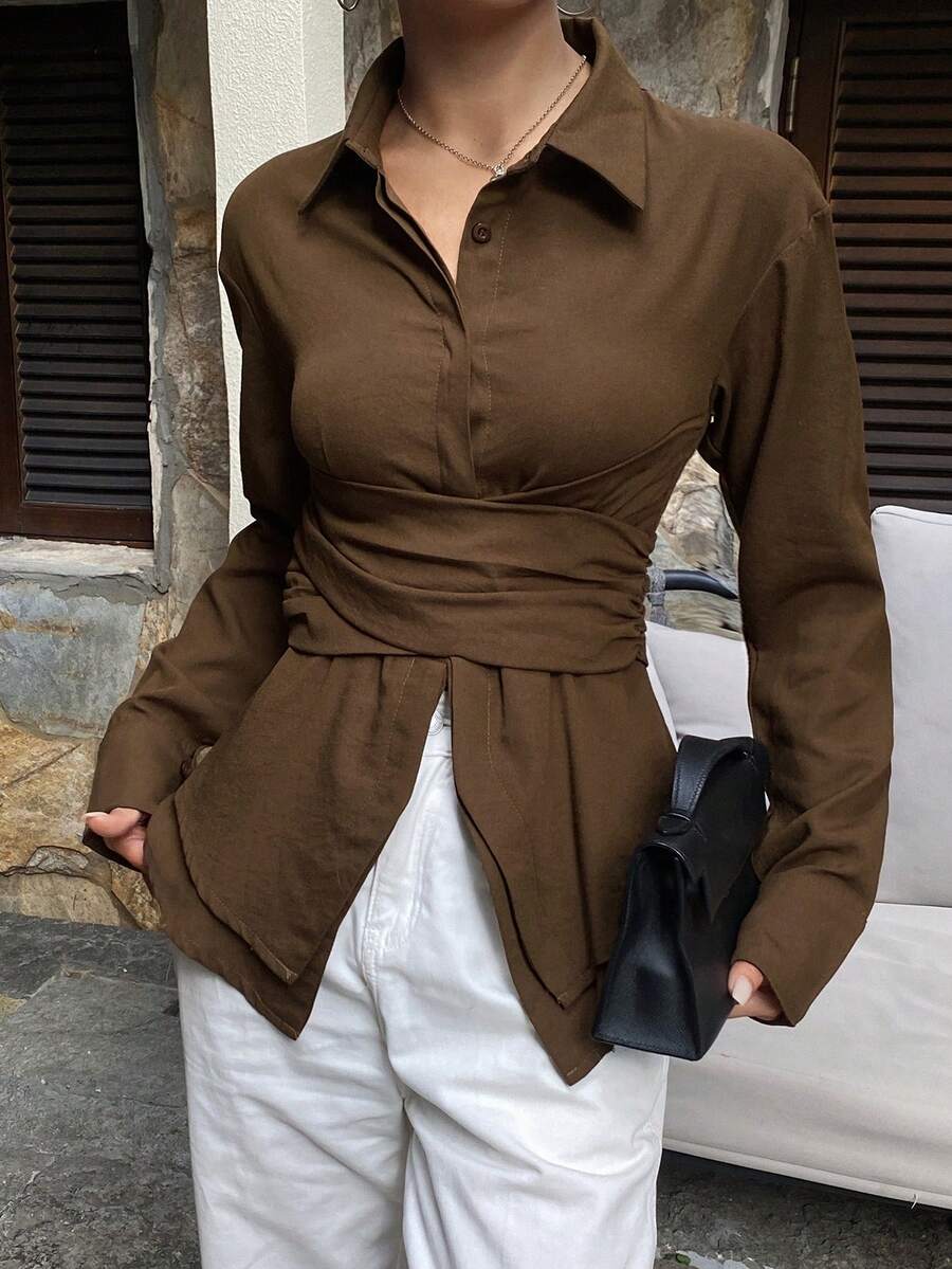 DAZY Women's Collared Cinched Waist Decor Cinched Waist Long Sleeve Open Front Casual Elegant Blouse - Brown - View 1