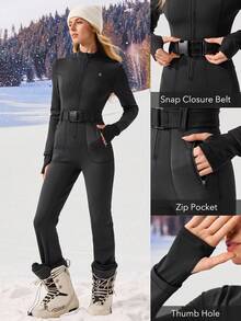 OutZeal Women Winter Thermal Black Outdoor Jumpsuit Christmas Outfit Skiing Daily Soft Brushed Lined With Front Zip Pocket - Black - View 4