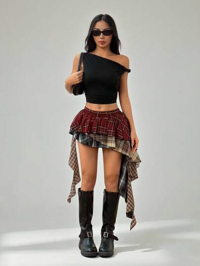SHEIN PETITE Asymmetrical Plaid Patchwork Pleated Skirt, Holiday Atmosphere, Christmas & New Year Red Plaid Patchwork Asymmetrical Skirt Layered Skirt Tie Skirt Plaid Skirt Women Y2k Skirt Country Skirt Plaid Skirts Western Skirts Cowgirl Skirt