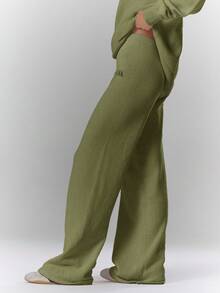 MUSERA Mid Rise Soft Knit Embroidered Wide Leg Sweater Trousers Only Fall Autumn Cosy Cute Casual Coffee Club Winter Elegant Evening Party New Year Spring - Olive Green - View 3