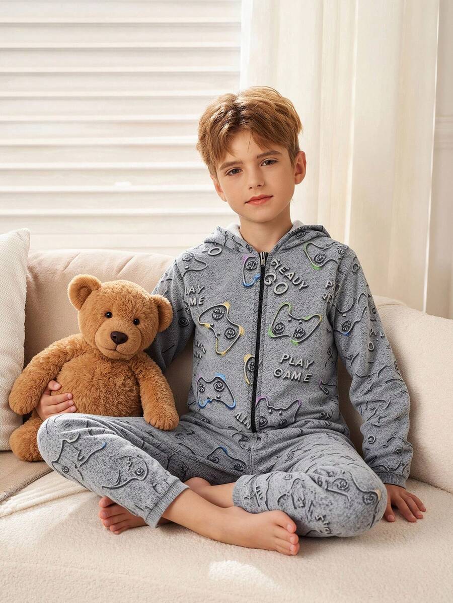 SHEIN Tween Boy Minimalist Gaming Console Pattern Long Sleeve Hooded Zip-Front Soft Flannel Jumpsuit, Suitable For Christmas, Thanksgiving, Winter - Grey - View 1
