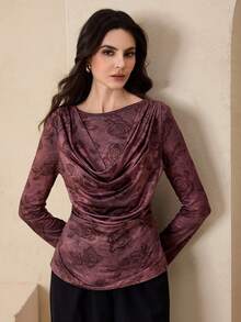 Graceveil Chemise élégante à manches longues pour femmes, col à volants, taille froncée, imprimé rose bordeaux, pour sorties et rendez-vous, automne/hiver - Rouge foncé - Voir 3
