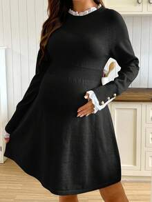 SHEIN 孕妇蕾丝拼接A字针织长袖毛衣连衣裙，休闲日常穿着 - 黑色 - 查看 7