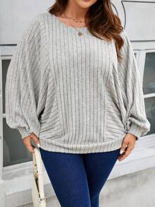 SHEIN PETITE CURVE Plus Size Crew Neck Batwing Sleeve Fleece Sweatshirt - Grey - View 1