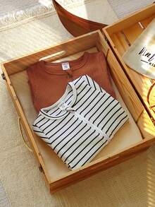 Vintaside Kids 2pcs Loomiva Newborn Baby Soft Knit Crew Neck Long Sleeve Romper Set, Solid & Striped Combo, Footed Jumpsuit, Infant - Multicolor - View 3