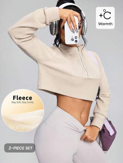 Innovista Chaqueta de esquí con cremallera de unicolor y minimalista para mujer, Conjunto deportivo de dos piezas de forro polar - Top corto de manga larga suave y leggings de cintura alta, Ropa deportiva cálida, transpirable y elástica para otoño, Diseño exquisito, Adecuado para yoga, entrenamiento de intervalos de alta intensidad, correr, CrossFit y deportes al aire libre, Ropa deportiva casual versátil, de la oficina al gimnasio, Forro polar, Chic utilitario, Sudadera esencial