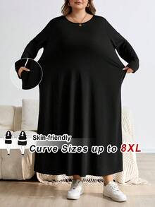SHEIN CURVE+ 加大码黑色长袖宽松 A 字中长连衣裙，时尚秋冬连衣裙 - 黑色 - 查看 6