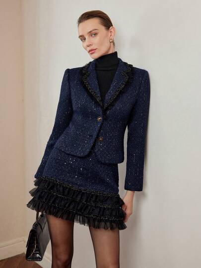 MOTF PREMIUM TWEED KONTRAST TEJP TRIM LAPEL KRAGE BLAZER