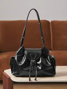 SHECARRY 女士黑色多口袋单肩包，通勤必备 - 黑色 - 查看 2